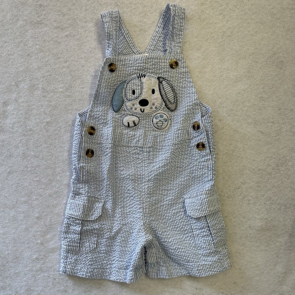 B.T Kids Stripe Puppy Applique Short Overalls 100 % Cotton Made In USA 24 Months